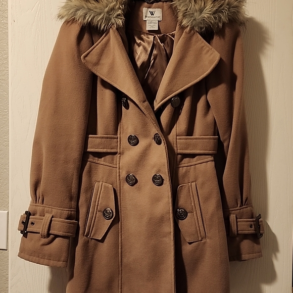 Tan Double Breasted Pea Coat with faux fur collar/ Free shipping! - Picture 3 of 7